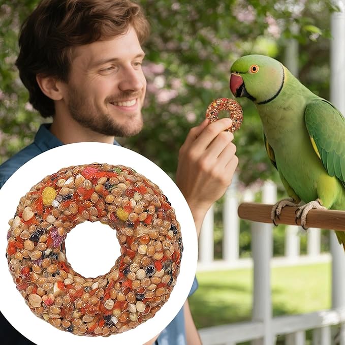 Parakeet Toys - Grain Treats, Donut Shape Teether | Enrichment Activity Training Chewing Snack with Aviary Accessories for Budgies, Cockatiels, Lovebirds and Other Small Birds Healthy Foraging Play