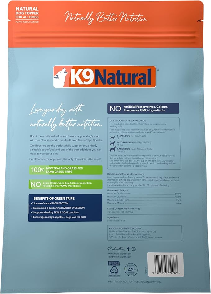 K9 Naturals Freeze Dried Dog Food Topper with Verified Ingredients, Organ Meat Blend for Digestive Support, Human-Grade Freeze Dried Puppy Food & Dog Topping, Lamb Green Tripe, 1.5oz