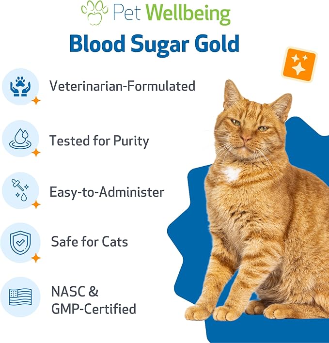 Pet Wellbeing Blood Sugar Gold for Cats - Holistic Support for Healthy Blood Sugar Levels, Insulin Stabilization & Normal Pancreatic Function - NASC Certified & Vet-Formulated - 2 oz Liquid