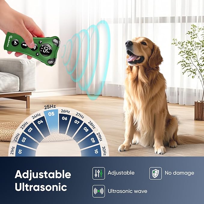Ultrasonic Dog Bark Deterrent Device –10-Level Adjustable Anti Barking Trainer with Flashlight, Strobe, E-Clicker(18 Whistle Sounds)–No Shock, Collar-Free Dog Behavior Correction Devices