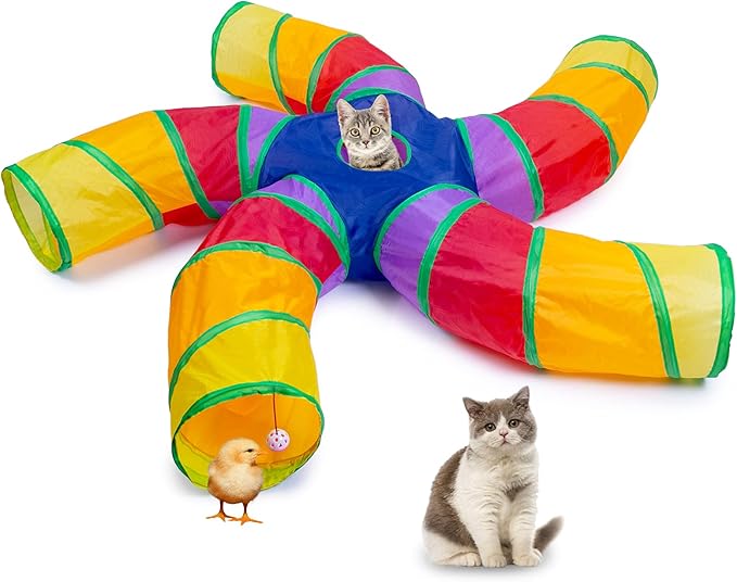 EGETOTA Cat Tunnel for Indoor Cats Large, with Play Ball S-Shape 5 Way Collapsible Interactive Peek Hole Pet Tube Toys, Puppy, Kitty, Kitten, Rabbit (Multicolor)