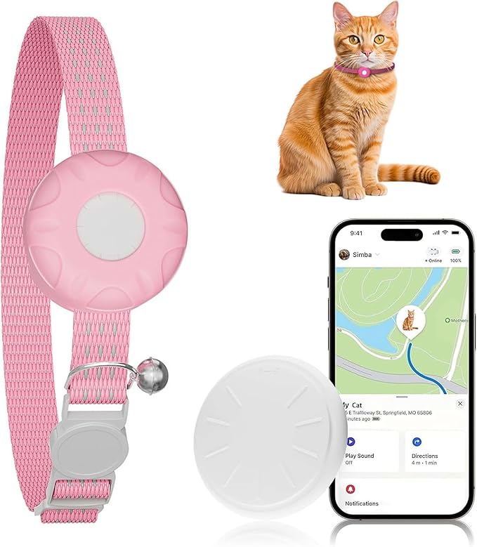 Cat Tracker, Waterproof Pet Tracker for Cats, Cat Tracker Collar with Safety Elastic Buckle, Works with Any Collar,Compatible with Apple Find My App (Only iOS) not for Android, No Monthly Fee, Pink