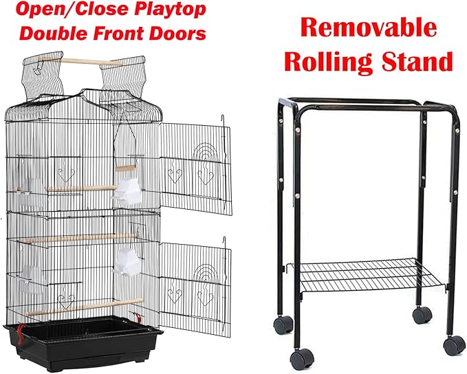 Large Open/Close Play Perch Stand Top Side Nesting Box Doors Canary Parakeet Cockatiel Lovebird Finch Roof Top Bird Cage with Removable Rolling Stand