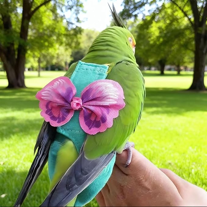 Escape-Proof Parrot Harness & Leash Set with Diaper - Adjustable Flight Suit with Bow & Safety Cord for Conures, African Grey, Parakeets, Doves (Pink-M)