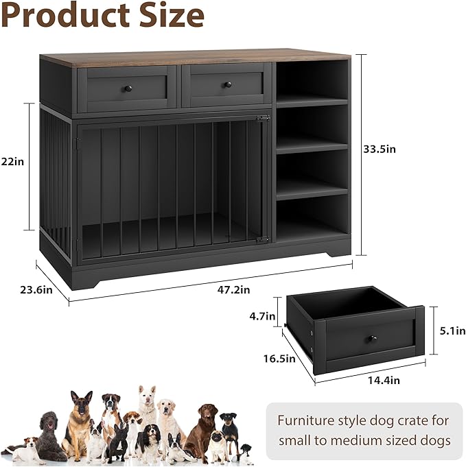 GAOMON 47 Inch Large Dog Crate, Dog Kennel Indoor with 2 Drawers and 4 Shelves, Dog Crate Furniture TV Stand, Wooden Dog Cage for Medium Large Dogs, Decorative Pet House, Black