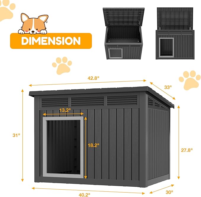 Fancyango Large Dog House for Indoor & Outdoor - Weatherproof & Removable Roof, Fits Small to Large Dogs (42.8" L x 33" W x 31.5" H) - Black