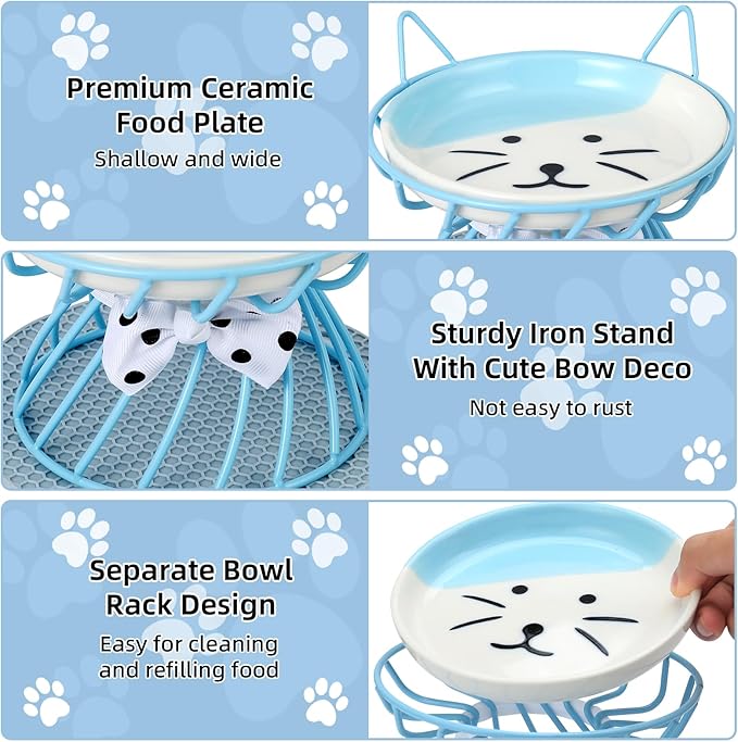 Elevated Cat Food Dishes, Whisker-Friendly Cat Plates with Metal Stand for Food and Water, Anti-Vomit, Non-Slip Feeding Station for Indoor Cats, Kitte