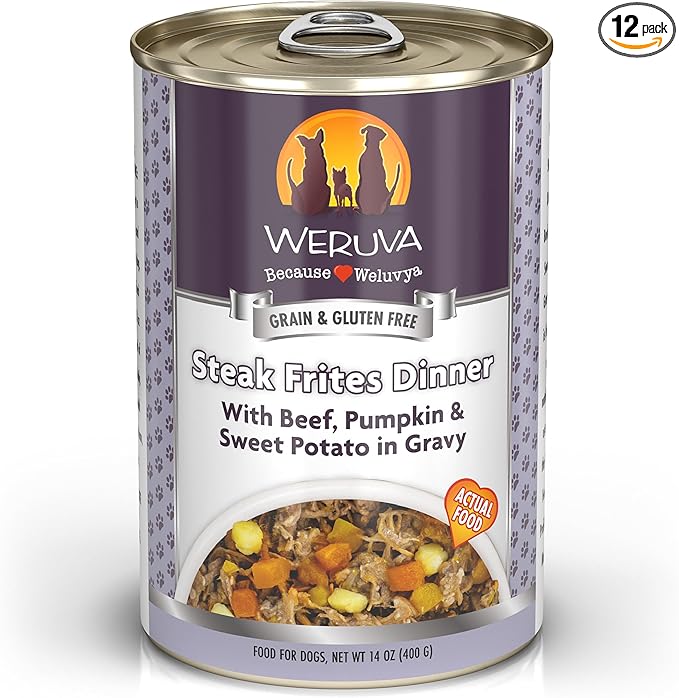 Weruva Classic Dog Food, Steak Frites with Beef, Pumpkin & Sweet Potato in Gravy, 14oz Can (Pack of 12)