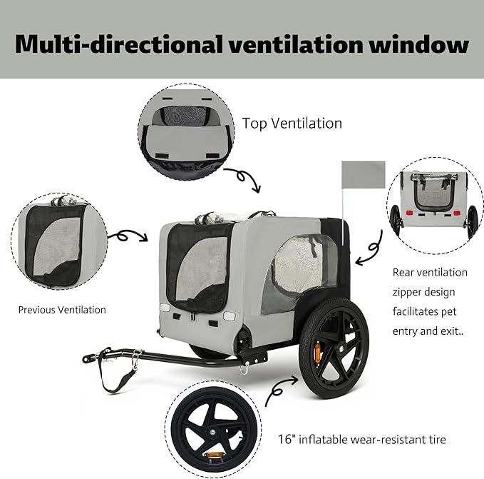 Collapsible Pet Bike Trailer, Portable Dog Bicycle Trailer with Enhanced Safety Design, Weatherproof & Ventilated Pet Carrier for Small to Medium Pets Up to 66 lbs (Grey)