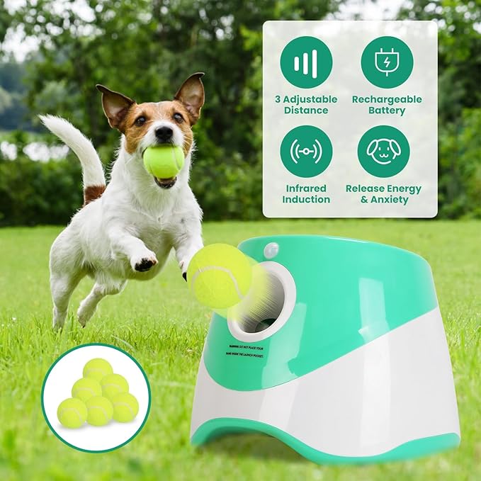 Dog Ball Thrower Launcher, Automatic Ball Launcher with 6 Tennis Balls for Small Medium Dogs, 3 Adjustable Distance Settings, Rechargeable Dog Toy Mental Stimulation Training Game for Energetic Dogs