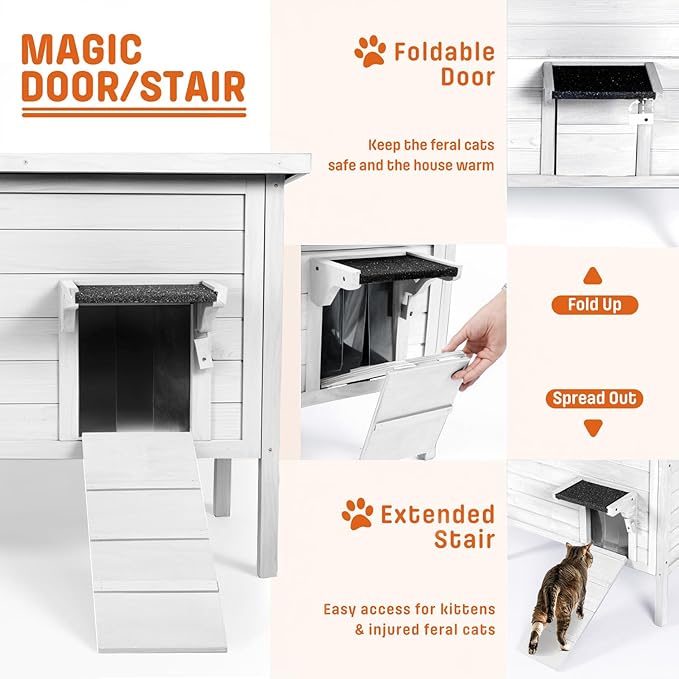BRIOPAWS Outdoor-Cat-House-Insulated | Feral-Cat-Shelter for Winter | Weatherproof | Large Wooden Pet House for Multiple Cats | Foldable Ladder | Acrylic Side Window | White