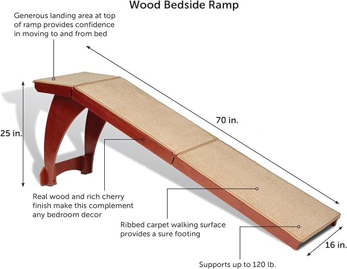 PetSafe CozyUp Bed Ramp - Supports Pets Back & Joints - High Traction Carpet Surface - Furniture-Grade Wood - Cherry or White Finish - Heavy Duty Bed Access Ramp - Cherry