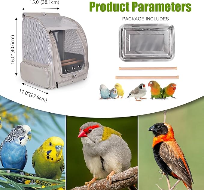 Bird Backpack Carrier with Front Zipper Opening, Portable Bird Travel Carrier Cage with 2 Standing Perches and Metal Tray, Breathable Transport Bag for Parakeet, Budgie, Conure, Cockatiel, Parrot