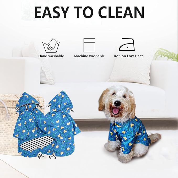 Morezi Dog Zip Up Raincoat with Reflective Buttons, Rain/Water Resistant, Adjustable Drawstring, Removable Hood, Raincoats with Legs 8lbs to 80lbs Available - Grid Blue - S