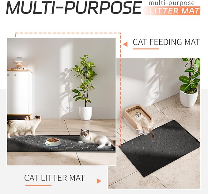 Extra Large Silicone Cat Litter Mat, Waterproof/Urineproof, Litter Recycling, Easy to Clean, Soft on Kitty Paws (28"X40"-Black)