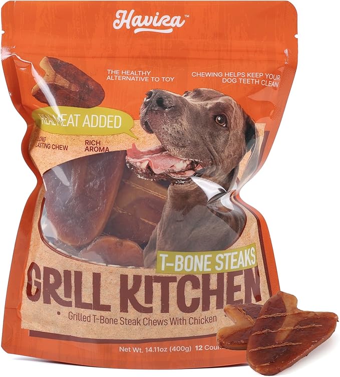Havira BBQ Dog Treats T-Bone Steak 12 Count, Grill-Shaped Rawhide Free Dog Chews Bone, Easily Digestible, for All Life Stages