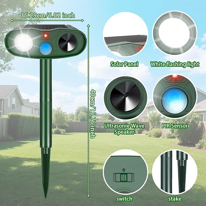 4Pack Ultrasonic Cat Repellent Outdoor Deer Repellent Devices,Solar Animal Repeller Motion Detection Rabbit Raccoon Squirrel Dog Squirrel Repellent Deterrent with LED Flash Lights for Yard