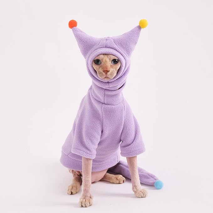 Sphynx Cat Clothes, Warm Cat Jumpsuit with Hat and Tail Cover, Full Set for Hairless Cats, Cornish Rex and Devon Rex (Purple, S(2-3.5lbs))
