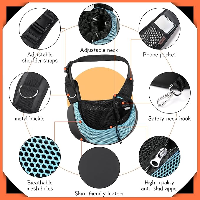 YUDODO Pet Sling Carrier for 2-5 lbs Small Dogs & Cats – Hands-Free Puppy Carrier with Safety Hook, Large Zipper Pocket, Soft Breathable Mesh, Adjustable Strap & Reflective Strip (Cyan 3.0 S)