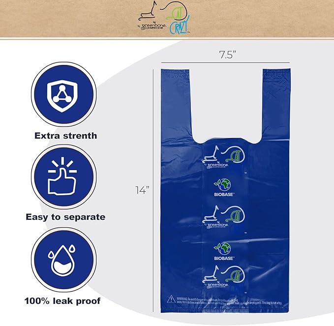Greenbone Biobase Cat Litter Bags Unscented Tie-Handle Litter Box Bags - 100 Pet Waste Bags - Large 14 Inch x 7.5 Inch