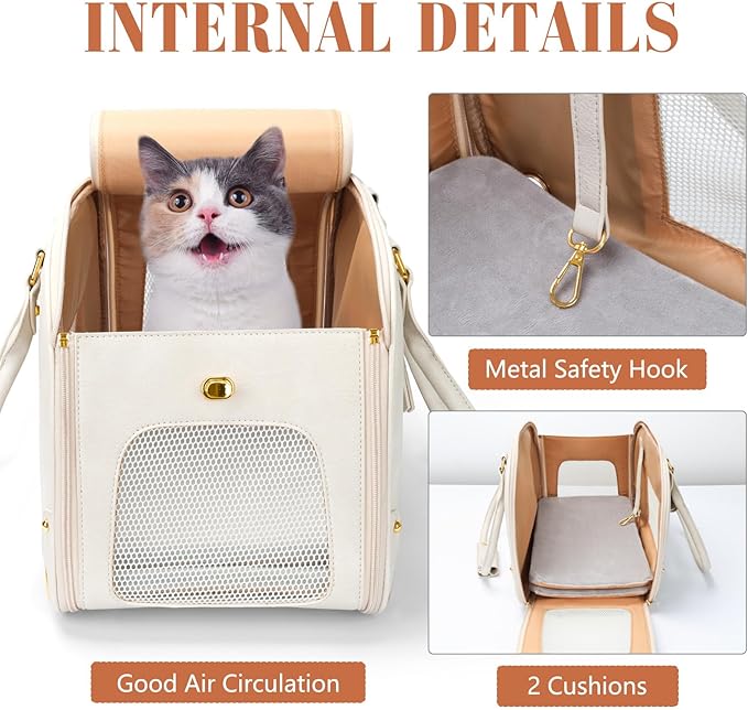 PetsHome Dog Carrier Purse, Pet Carrier, Waterproof Premium Leather Pet Travel Portable Bag for Cat and Small Dog Home & Outdoor Medium Beige