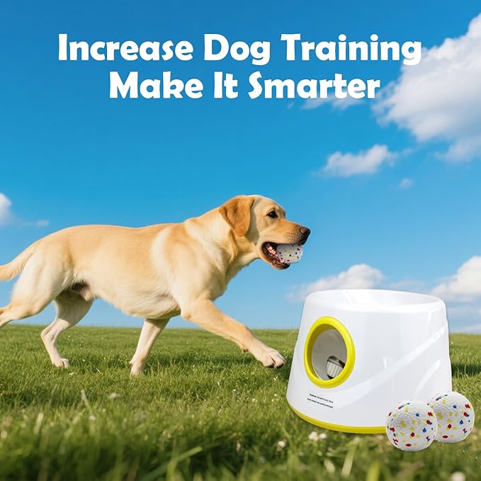 Automatic Dog Ball Launcher, Upgraded Interactive Dogs Balls Thrower for Small and Medium Dogs, Distance Adjustable Mental Stimulating Dog Toys with 4 Durable Etpu Balls 2.2 Inch (Yellow)