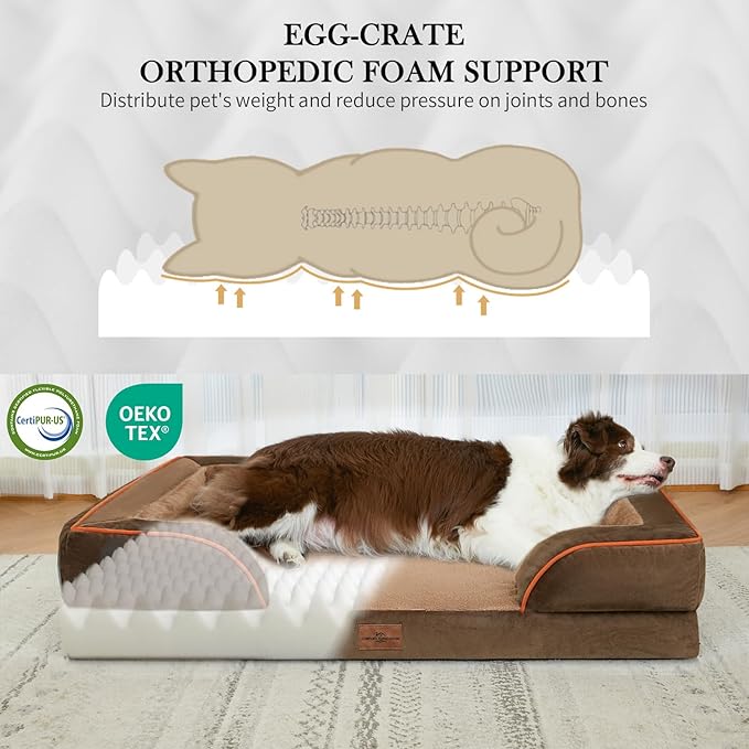 Comfort Expression Orthopedic Dog Bed for Small Dogs 24x16 Inch, Waterproof Supportive Egg Crate Foam Small Pet Bed with Removable Bolsters, Dog Couch with Washable Cover & Non-Slip Bottom, Brown