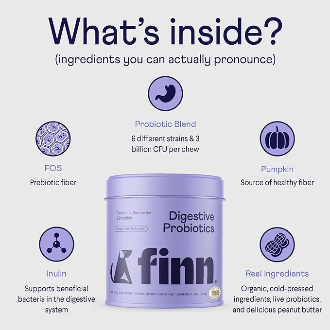 Finn Digestive Probiotics for Dogs - Complete Digestive System Support with Pumpkin, Prebiotics, & Live Probiotics - Vet Recommended & Made in The USA - 90 Soft Chews (Peanut Butter)