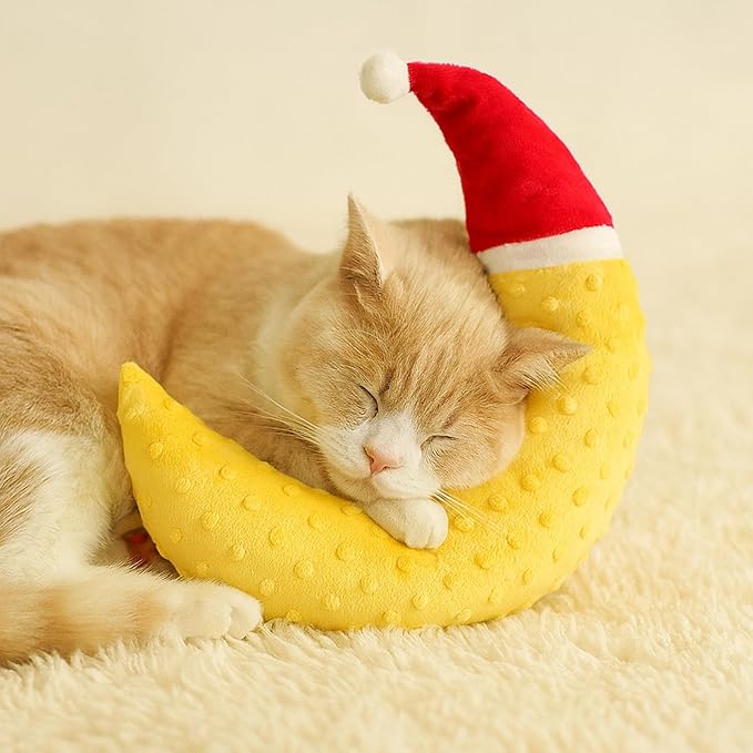 Pet Neck Pillow for Cats and Small Dogs, Crescent Moon U-Shaped Plush Pillow with Christmas Santa Hat, Ultra-Soft Minky Cushion, Machine Washable