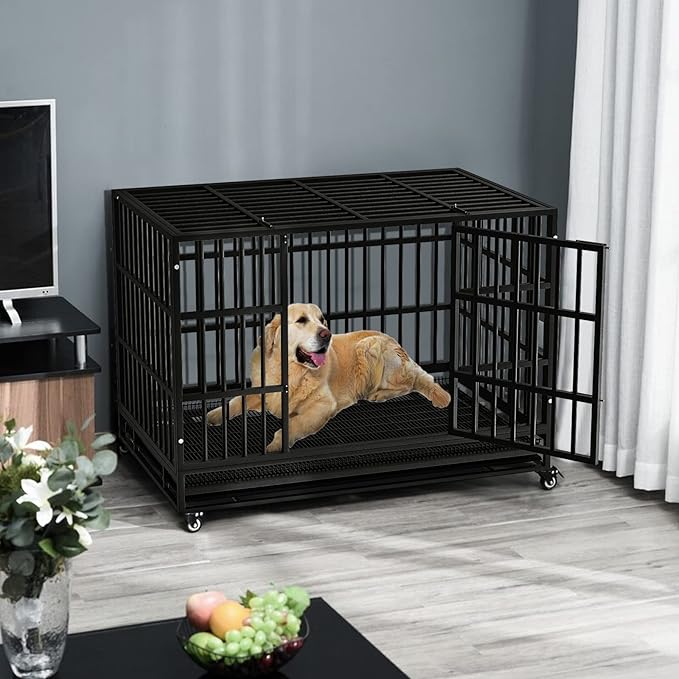 LEMBERI 38 inch Heavy Duty Indestructible Dog Crate, Escape Proof Dog Cage Kennel with Lockable Wheels,High Anxiety Double Door Dog Crate,Extra Large Crate Indoor for Large Dog with Removable Tray