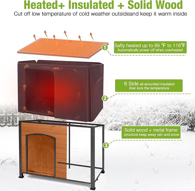 GUTINNEEN Heated Dog House Outdoor 43.3" L Insulated Dog Kennel with Metal Frame Large Dog Crate for Medium to Large Dogs Outside with Heater and Insulated Liner for Winter, Brown