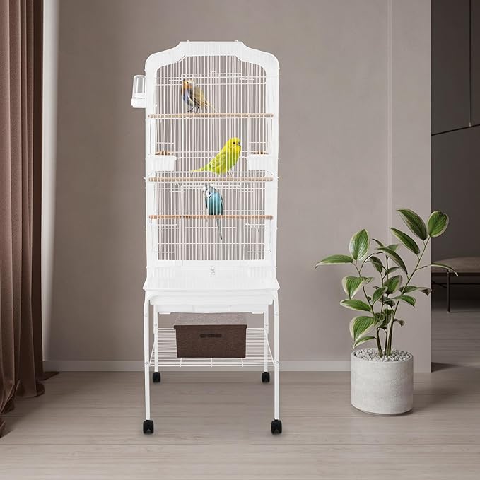Bird Cage with Wheels, Breeding Cage Wrought Iron Flight Cage with Wooden Stand, Removable Tray & Feeding Bowls for Parrots, Canaries, Lovebirds Finches, 18" L x 14.6" W x 54" H
