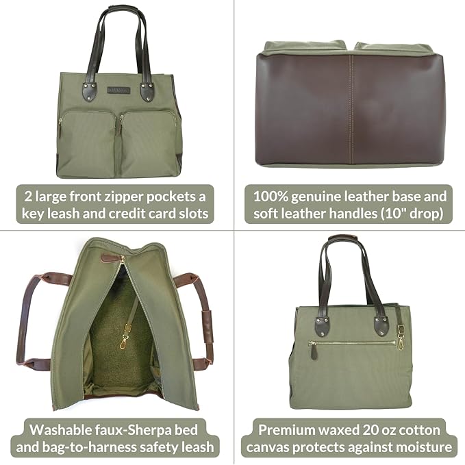 DJANGO Waxed Canvas & Leather Dog Carrier Tote Bag – Premium Soft-Sided Travel Dog Purse with Safety Leash, WR Lining, & Large Zipper Pockets – Everyday Pet Carrier for Small Dogs (Olive, Medium)