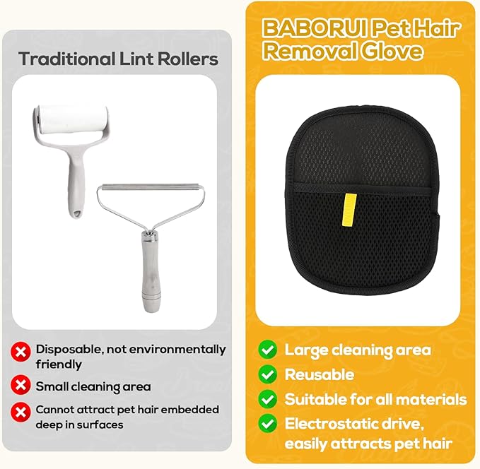 BABORUI Pet Hair Removal Glove - 3 Pack Pet Hair Remover Glove, Electrostatic Gloves Pet Hair Lint Rolls into Strips, Dog and Cat Hair Remover Tool for Furniture, Car, Couch, Carpet, Clothes