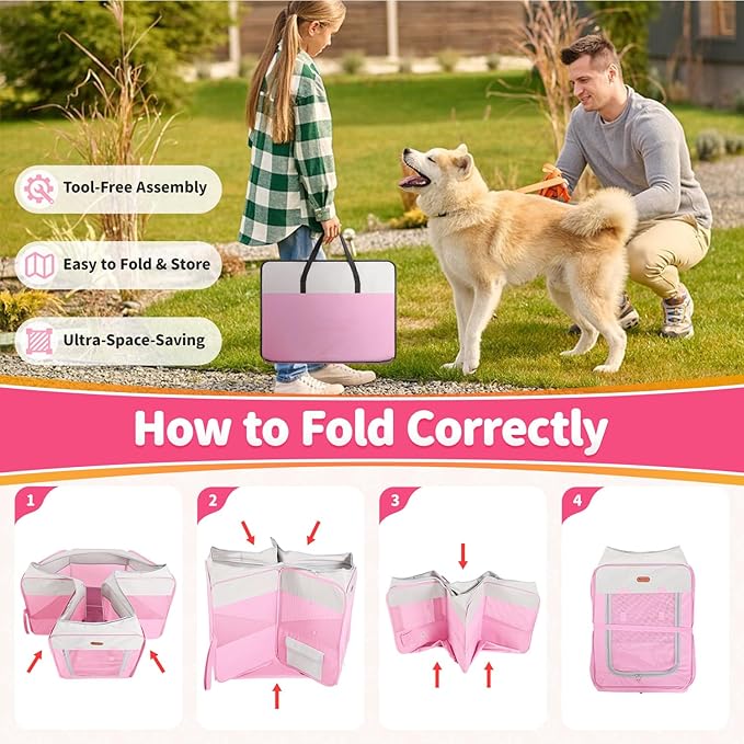 Dog Playpen, Portable Pet Playpen, Puppy Playpen, Cat Playpen with Carrying Case, Dog Playpen for Small Dogs Indoor/Outdoor, Removable Mesh Shade Cover, Pink XL