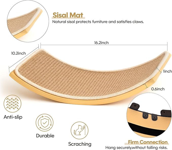 Cat Wall Shelves Set with Sisal Cats Window Perch, 4 Piece Wood Climbing Furniture with Curved Sisal Bed, Flat Shelf & Two Wall-Mounted 4 Steps Cat Stairs