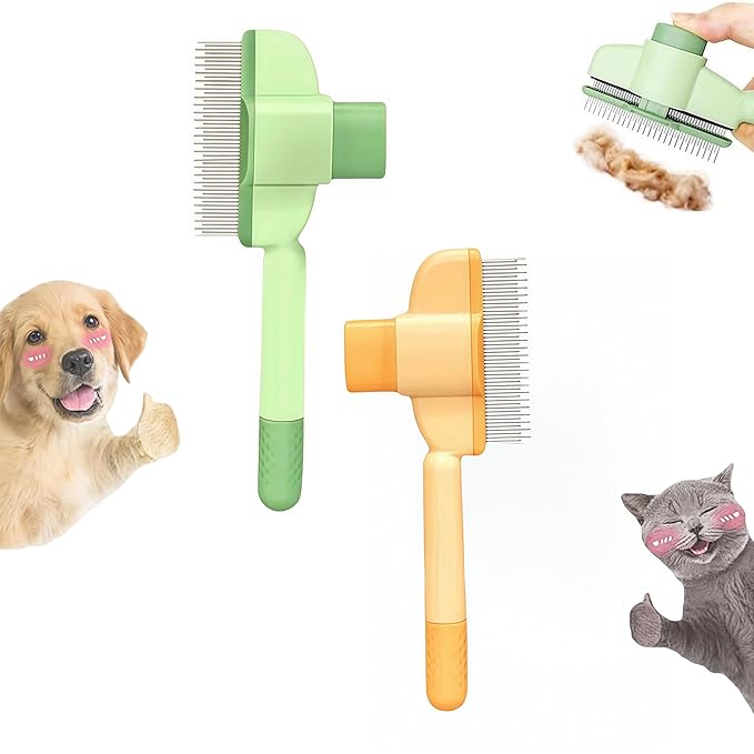 Zen Brush for Cats & Dogs, Avatore Zenbrush Pet Comb, Self-Cleaning Grooming Brush, Stainless Steel Teeth for Shedding Hair Removal 2-pack (Green+Yellow)