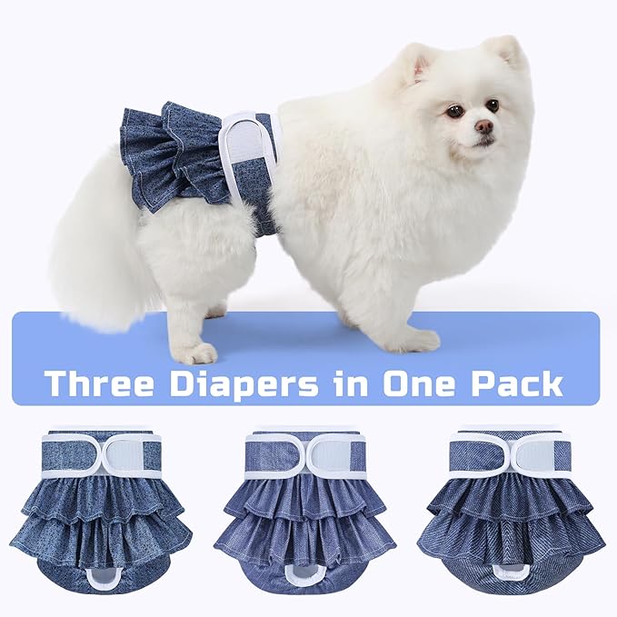 Reusable Dog Diapers Female 3 Pack Doggie Diapers for Period Heat Incontinence Puppy Training (Large, Jeans)
