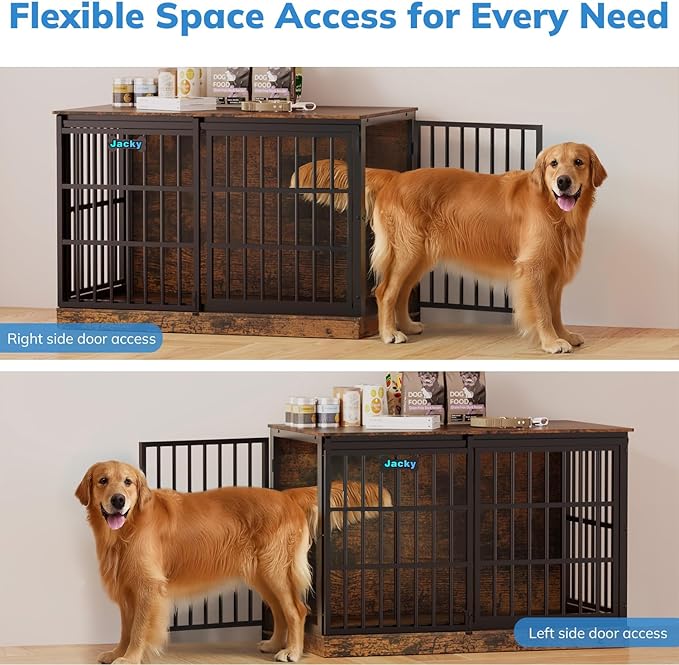 Petrova 47" Dog Crate Furniture for 1 Dogs, Heavy Duty Indoor Dog Kennel for Medium/Large Dogs, Wooden Dog Cage with Sliding Barn Door, Name Tag, Brown