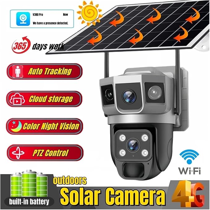 for Outdoor Camera Battery CCTV Monitor 4G SIM Card Network IP Security Pet Camera Motion Detection 3 Screen PTZ Camera(4G CCTV 128G Card)