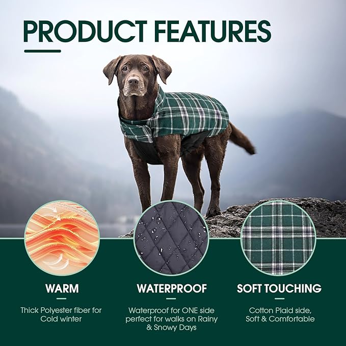 Kuoser Waterproof Dog Coat, Reversible Dog Jacket for Small Dogs, Adjustable Durable Doggie Winter Coat Warm Cozy Puppy Cold Weather Apparel from Small to Large Breed, Green S