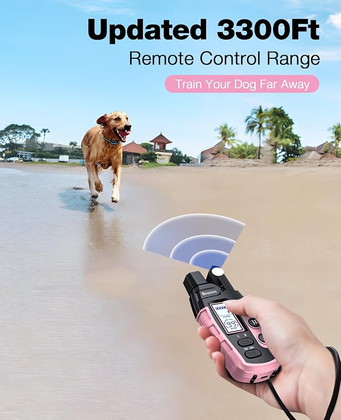 Bousnic Dog Shock Collar - 3300Ft Dog Training Collar with Remote for 5-120lbs Small Medium Large Dogs Rechargeable Waterproof e Collar with Beep (1-8), Vibration(1-16), Safe Shock(1-99) (LightPink)
