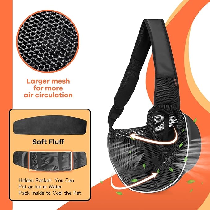 YUDODO Pet Sling Carrier for 5-9 lbs Small Dogs & Cats – Hands-Free Puppy Carrier with Safety Hook, Large Zipper Pocket, Soft Breathable Mesh, Adjustable Strap & Reflective Strip (Black 3.0 M)
