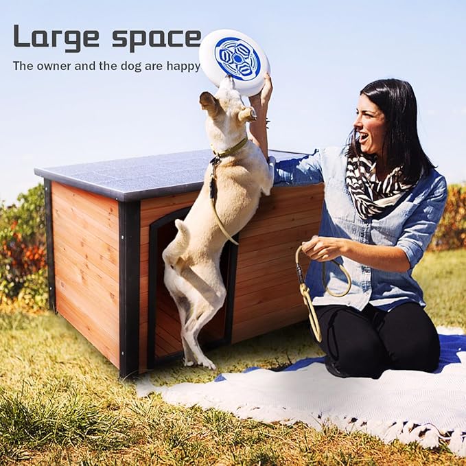 Large Wooden Dog House Outdoor Weatherproof Dog Houses for Dogs Outside Indoor Doghouse Large Breed Dog Kennel for Winter with Raised Feet, Orange+Black