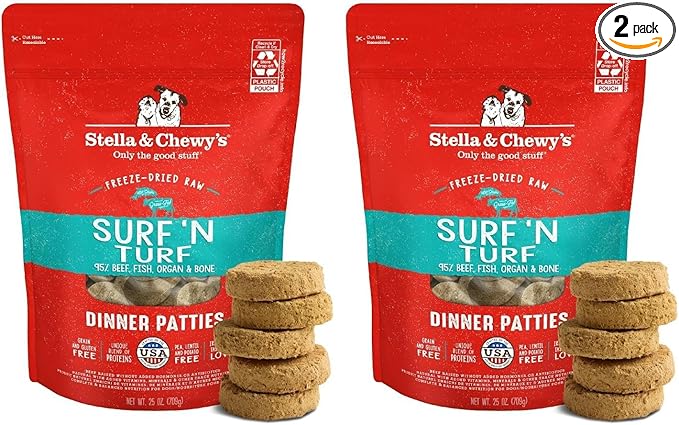 Stella & Chewy's Freeze-Dried Raw Dinner Patties - Surf 'N Turf Salmon & Beef Recipe - High Protein Grain-Free Puppy-& Dog Food - Perfect for Picky Eaters - 25 oz,(Pack of 2)