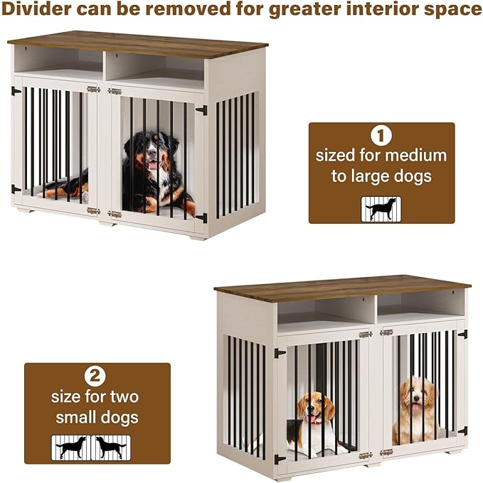 Furniture Dog Crate for Two Dogs, 41 Inch Farmhouse Style Dog Kennel with Removable Divider and Thickened Desktop, Heavy-Duty Base for Small to Medium Dogs, White