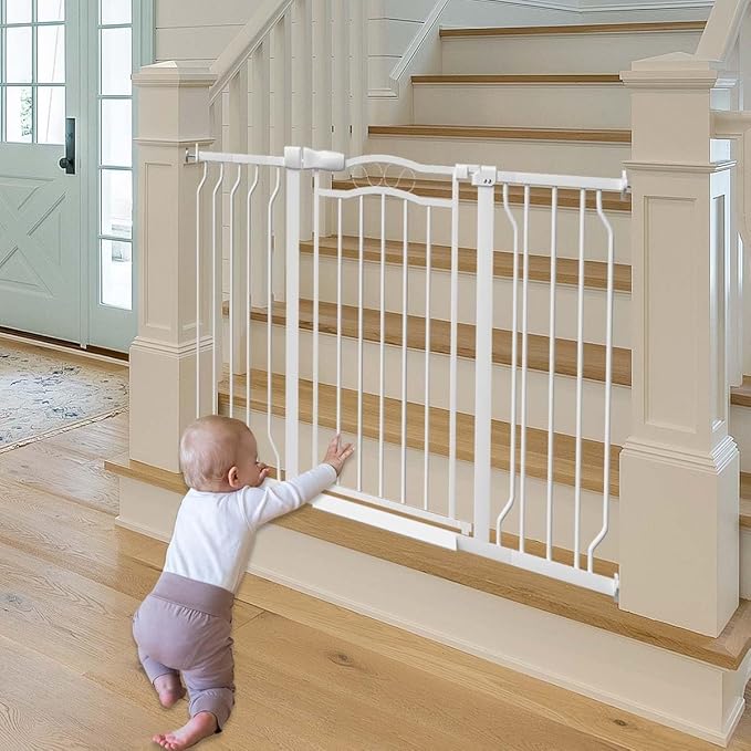 Fairy Baby 71.7"-81.1" Extra Wide Baby Gate with Door, Long Dog Gate for The House Doorway Stairs, Pressure Mounted Safety Gate for Child Kid, Auto Close Metal Pet Barrier with Arch Design, White