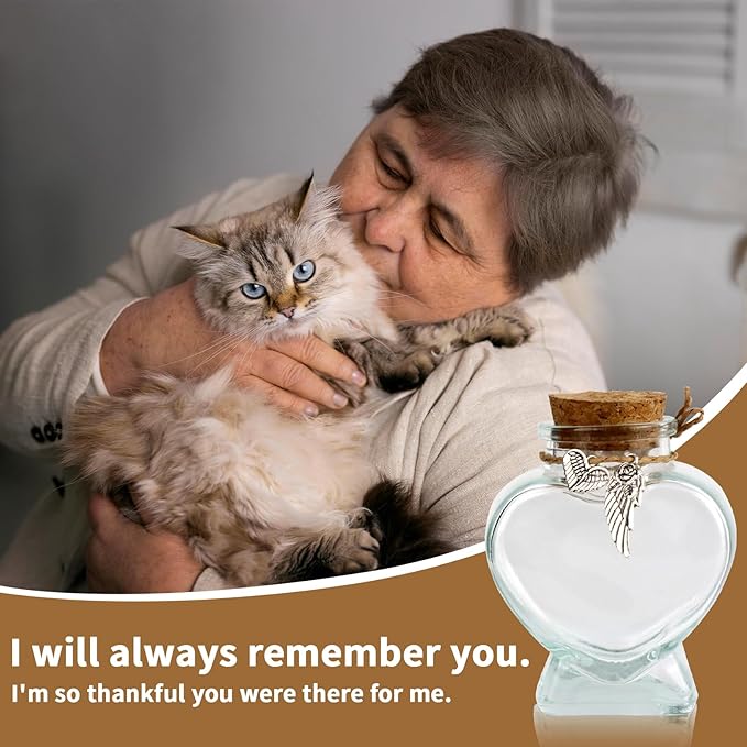 Pet Hair Keepsake Bottle for Dogs & Cats, Memorial Glass Bottle with Heart Design, Includes 2 Silver Accessories, Pet Fur Keepsake for Pet Loss Remembrance, Heart Shape