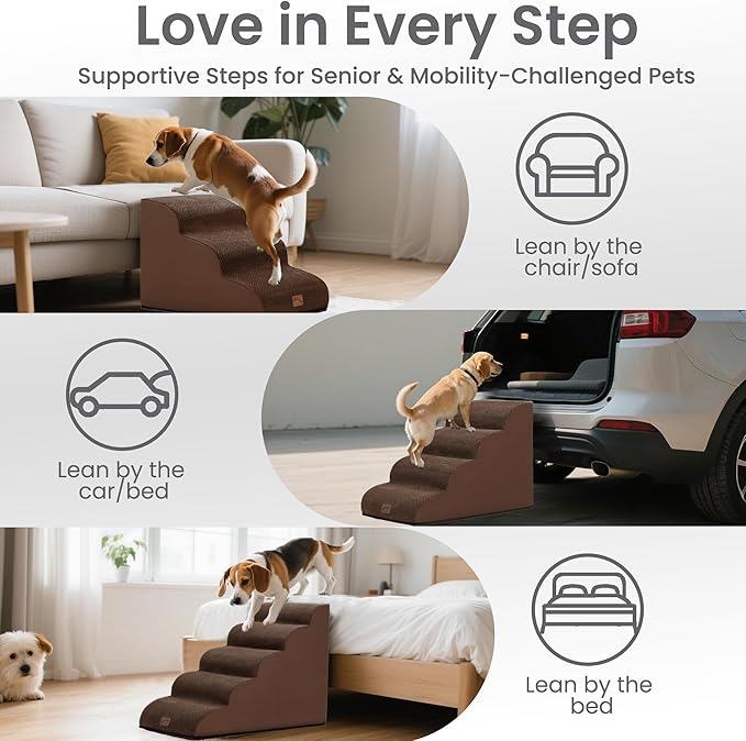 gogobunny Ramp Cat Dog Stairs for Beds, Cat Slope Stairs with Durable Waterproof Fabric Cover, Pet Steps for Old Large Dogs Climbing (Brown, 5-Step (33" D x 15.7" W x 22.6" H), 5.0)