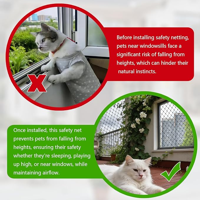 Cat Balcony Netting, Large Cat Net Pet Anti-Fall Safety Netting,Tear-Resistant, Thickened Nylon Dogs Cats Climbing Net, Pet Mesh Fence for Balcony, Stair, Window, Outdoors (10x19.7ft)